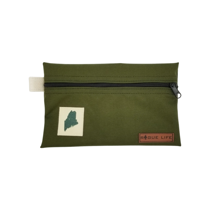 ME State Large Zipper Pouch /w Leather Patch ROGUE LIFE MAINE  Color-Moss-Green
