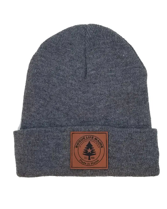 Rogue Life Logo Leather Patch Fleece-Lined Knit Beanie SHOP ROGUE WEAR Hats Oxford-Grey