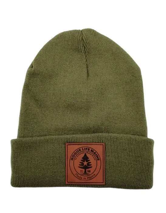 Rogue Life Logo Leather Patch Fleece-Lined Knit Beanie SHOP ROGUE WEAR Hats Olive