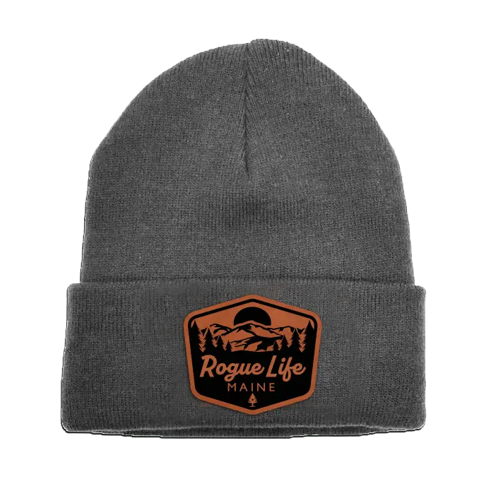 Rogue Life Mountains Leather Patch Fleece-Lined Knit Beanie SHOP ROGUE WEAR Beanies Oxford-Grey