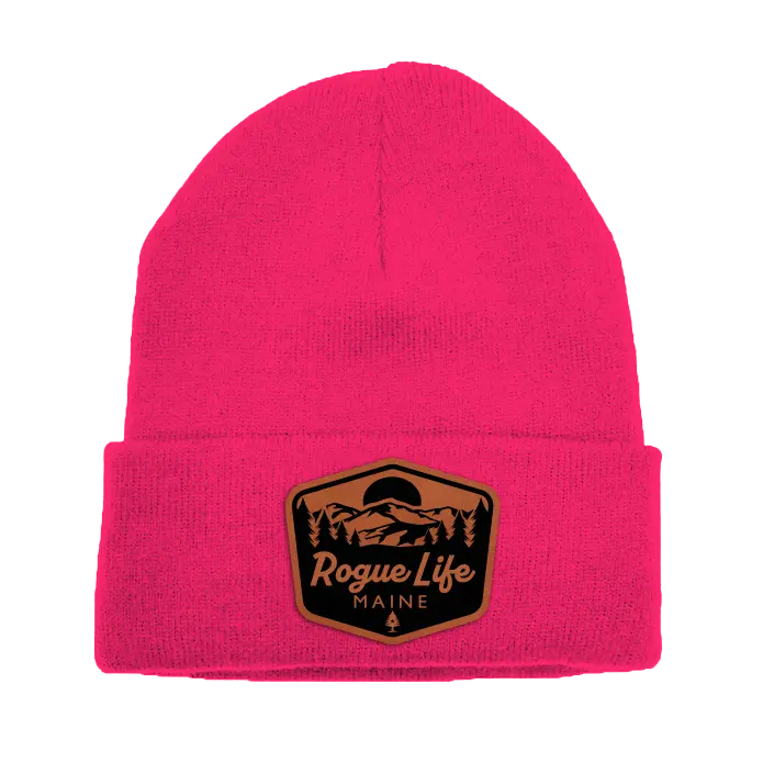 Rogue Life Mountains Leather Patch Fleece-Lined Knit Beanie SHOP ROGUE WEAR Beanies Neon-Pink
