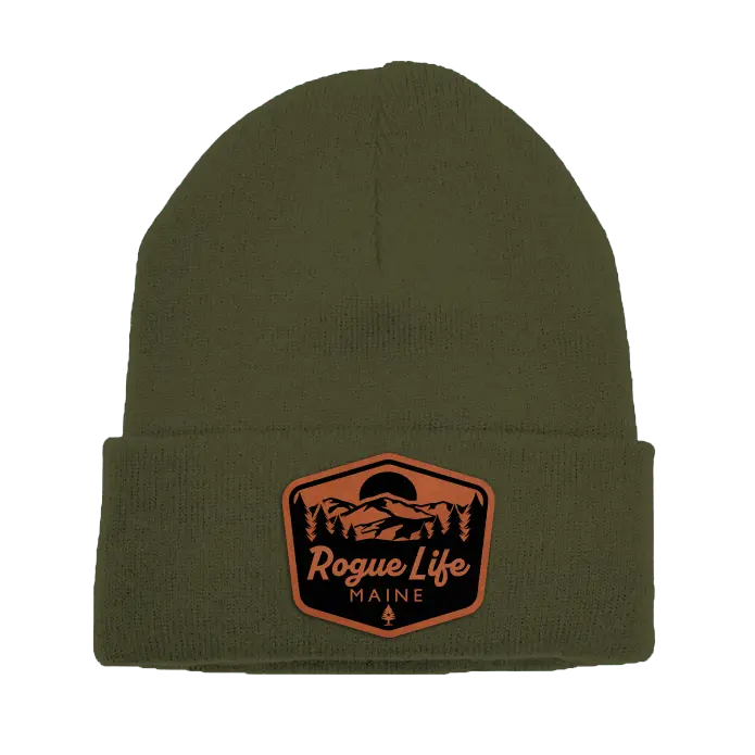 Rogue Life Mountains Leather Patch Fleece-Lined Knit Beanie SHOP ROGUE WEAR Beanies Olive