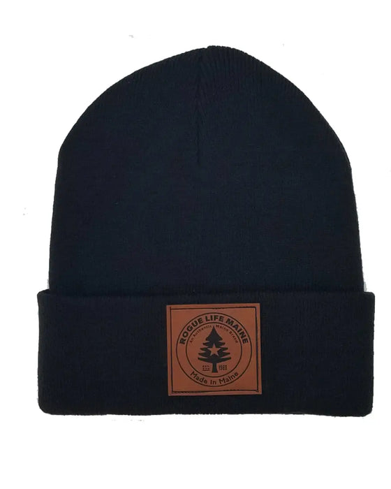 Rogue Life Logo Leather Patch Fleece-Lined Knit Beanie SHOP ROGUE WEAR Hats Black