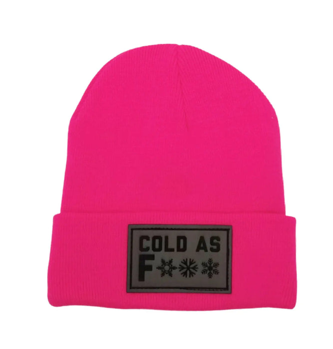 Cold as F*** Lined Knit Leather Patch Beanie SHOP ROGUE WEAR Hats Color-Neon-Pink